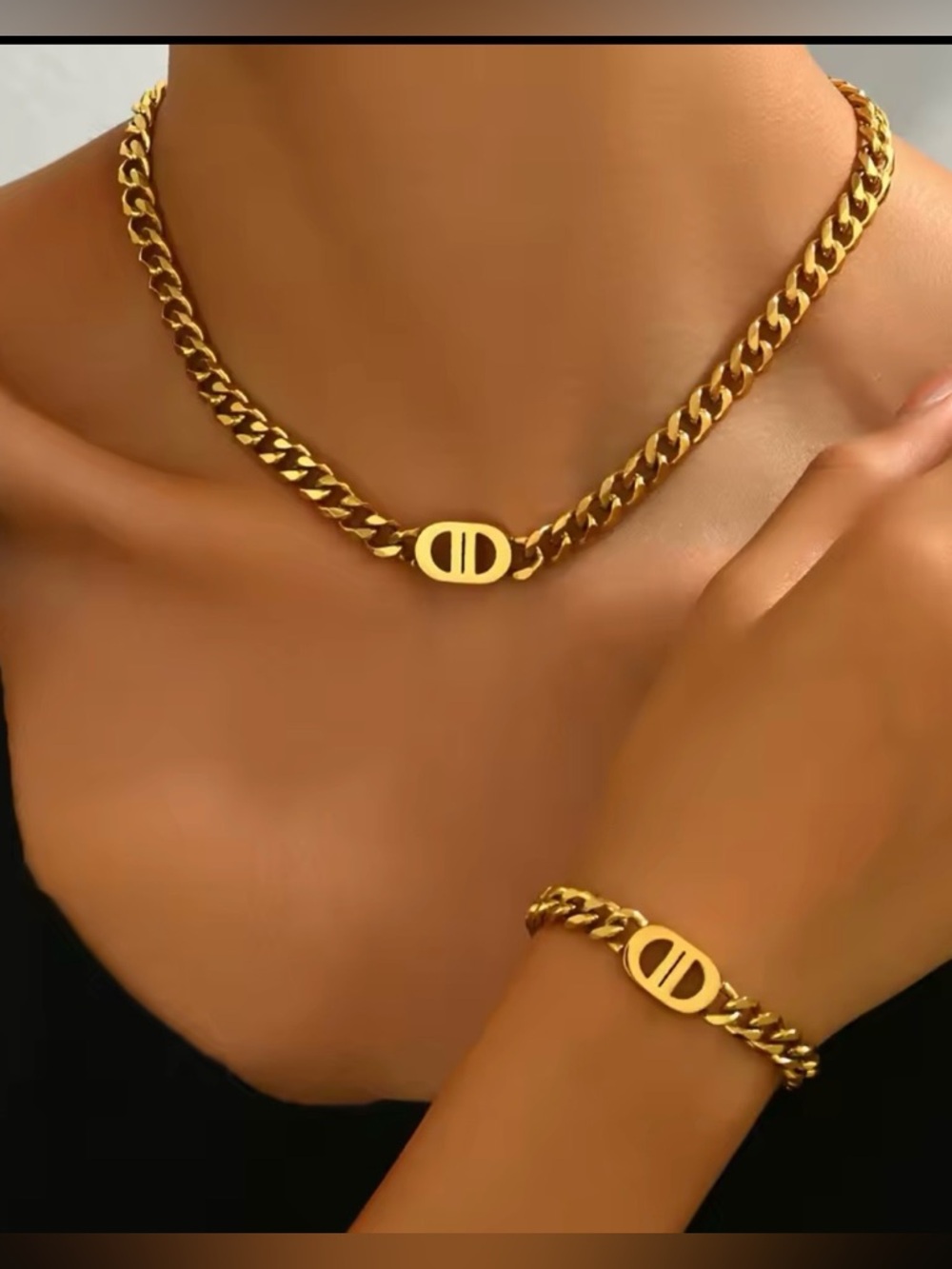 Gold Link  DD Necklace and Bracelet Set - Polished Gold Chain Jewelry